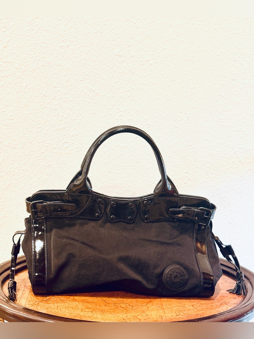 Vintage Fergie for Kipling Black Satchel with Patent Trim & Tassel Detail